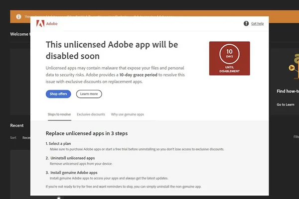 打开Photoshop出现弹窗“This non-genuine Adobe app will be disabled soon”无法使用的解决方法